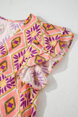 Orange Geometric Floral V Neck Buttoned Ruffled Sleeve Mini Dress Mini Dresses JT's Designer Fashion