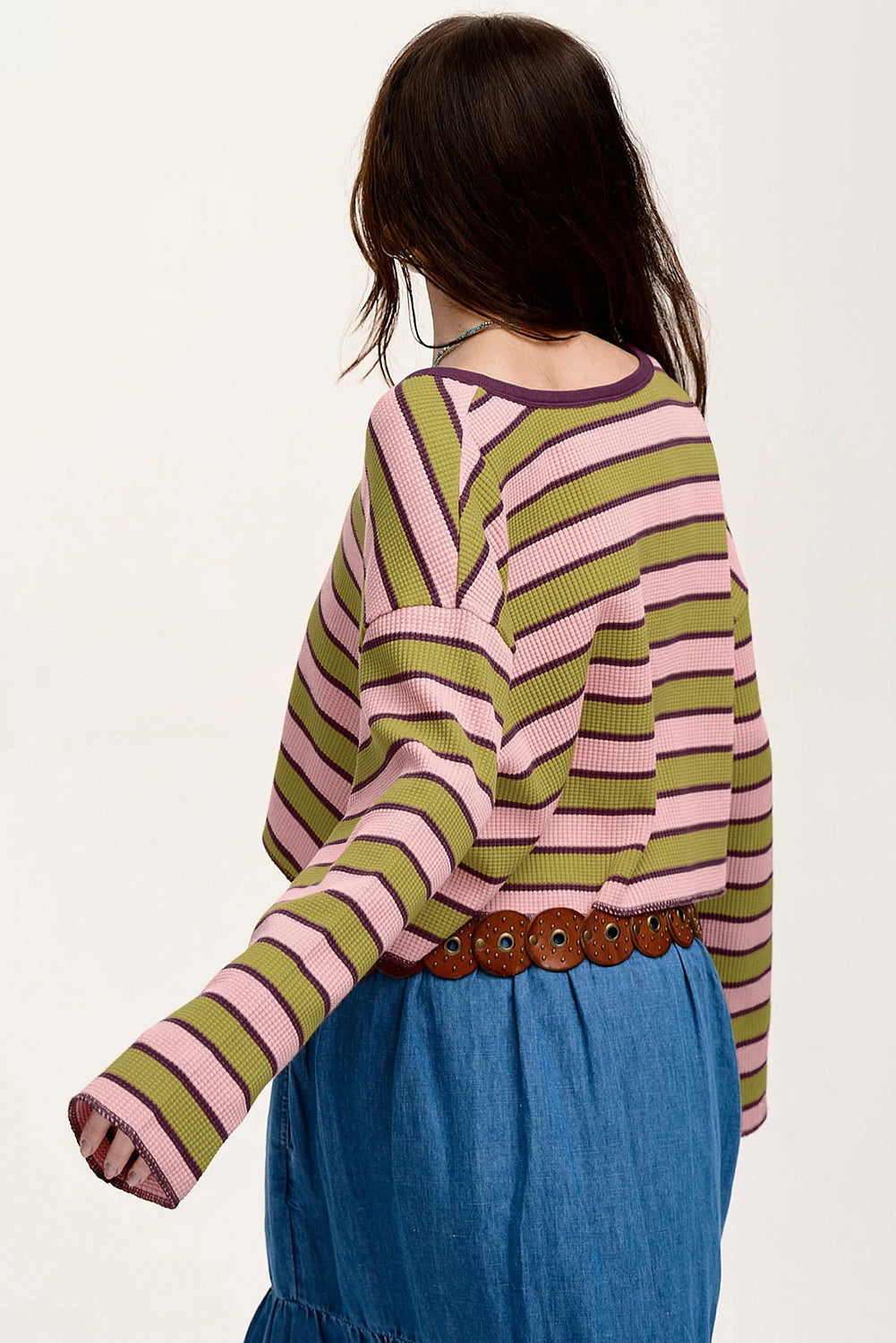 Spinach Green Clashing Stripes Waffle Texture Notched Neck Long Sleeve Top Long Sleeve Tops JT's Designer Fashion