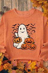 Orange Halloween Ghost Pumpkin Bat Print Corded Pullover Sweatshirt Graphic Sweatshirts JT's Designer Fashion