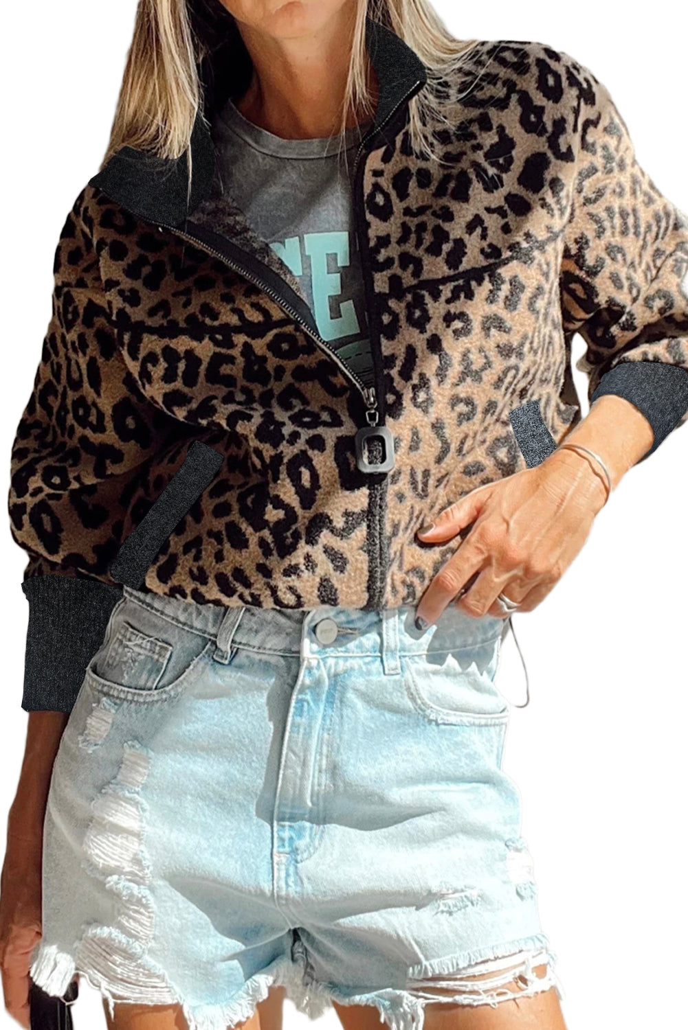 Khaki Leopard Print Zip Up Stand Neck Side Pocket Jacket Jackets JT's Designer Fashion