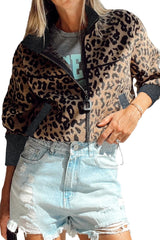 Khaki Leopard Print Zip Up Stand Neck Side Pocket Jacket Jackets JT's Designer Fashion