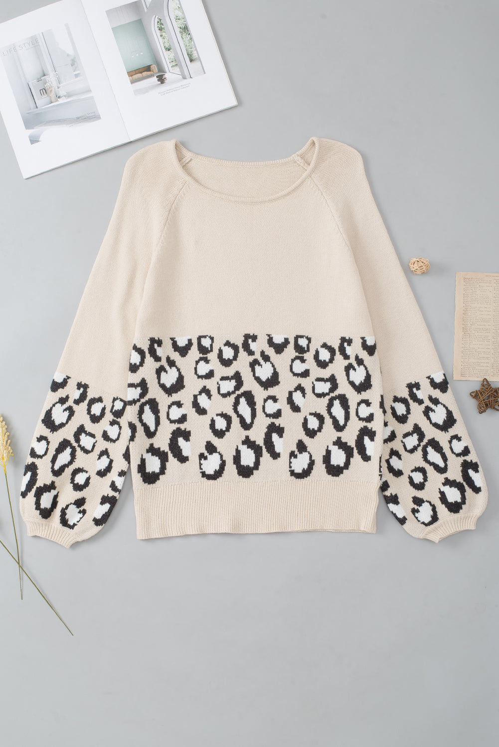 Khaki Leopard Patchwork Knitted Puff Sleeve Sweater Sweaters & Cardigans JT's Designer Fashion