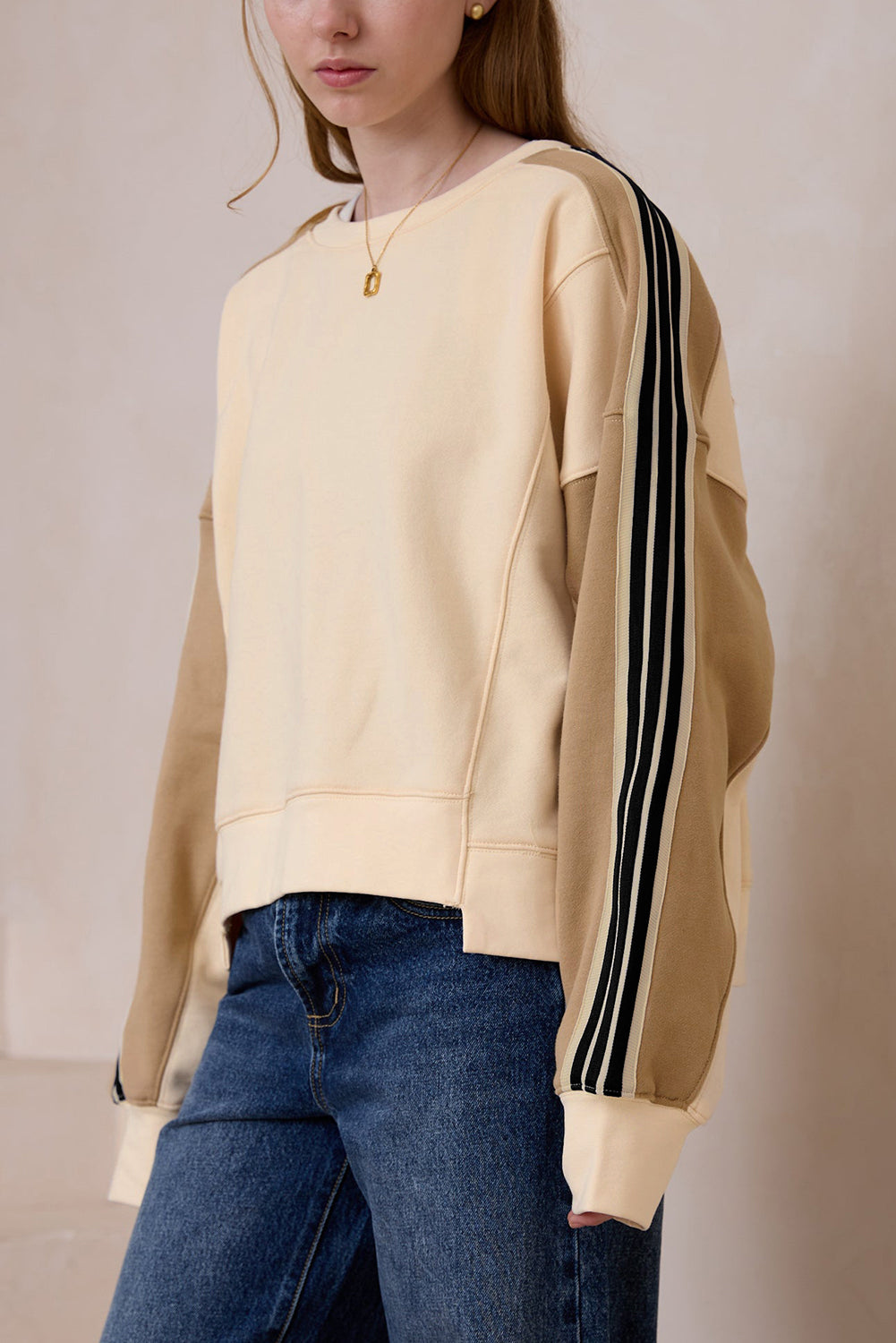Beige Contrast Striped Patchwork Drop Shoulder Loose Sweatshirt Sweatshirts & Hoodies JT's Designer Fashion