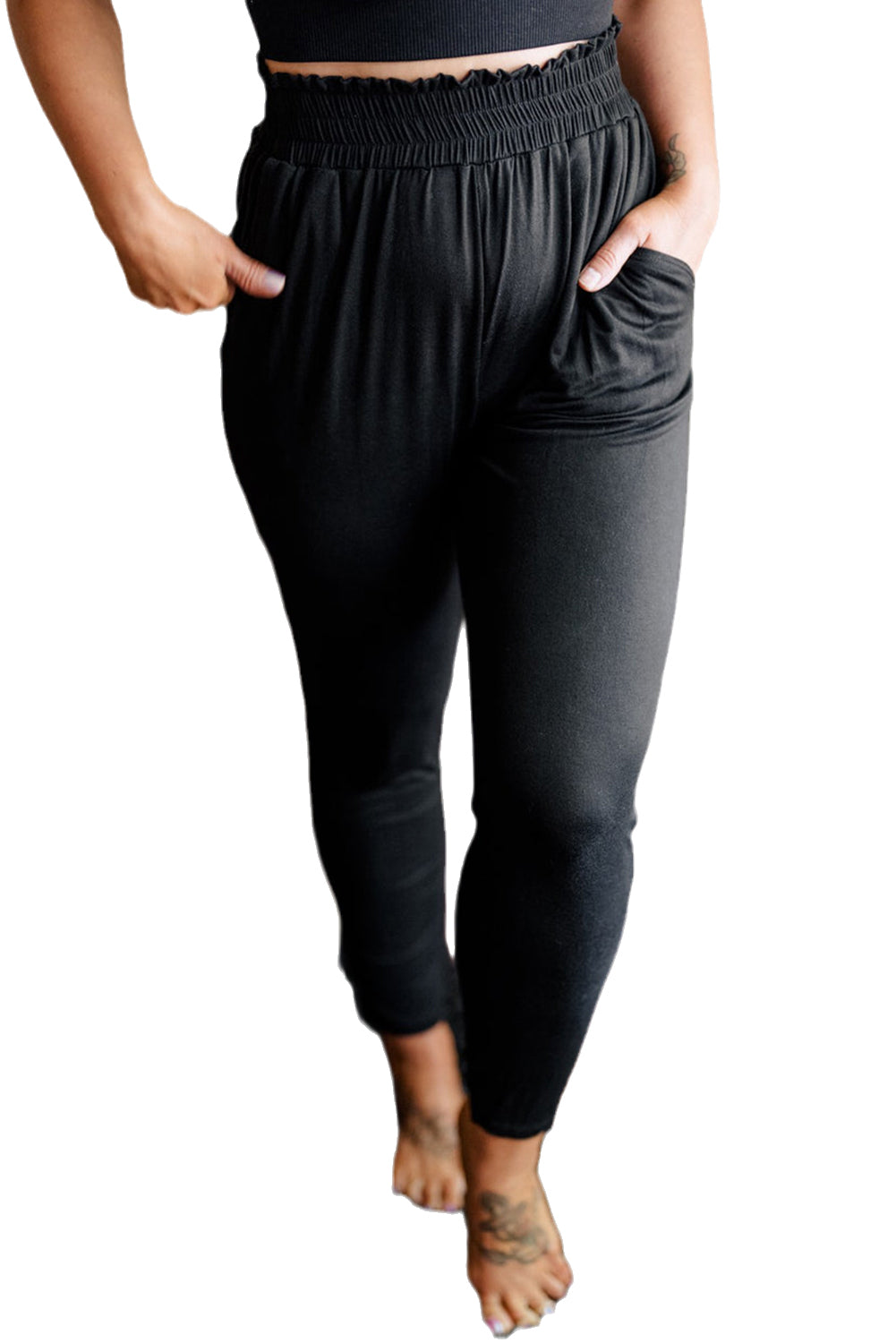 Black Plus Size Frill High Waist Pocketed Soft Pants Plus Size Bottoms JT's Designer Fashion