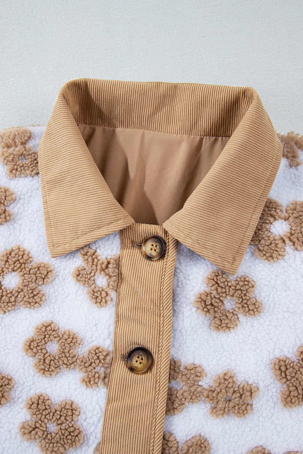 Light French Beige Cute Flower Pattern Button Up Fleece Jacket Jackets JT's Designer Fashion