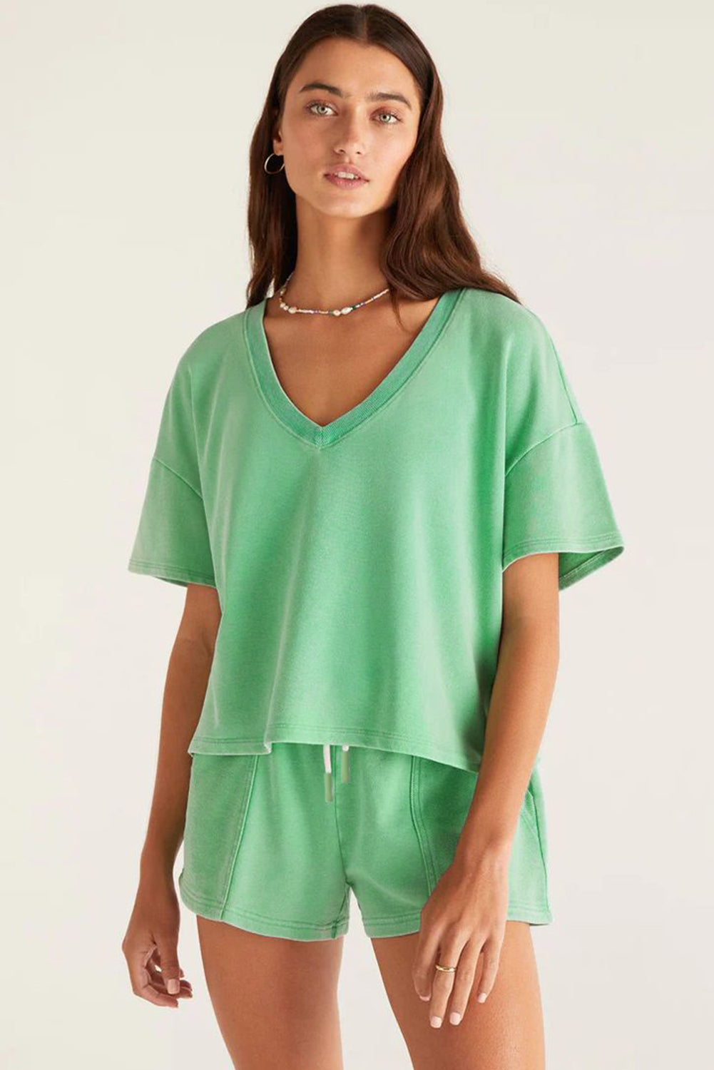 Mint Green V Neck Drop Shoulder Tee and Patchwork Drawstring Elastic Waistband Shorts Set Short Sets JT's Designer Fashion