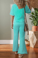 Mint Green Acid Wash Star Patched Rolled Trim Pants Set Pant Sets JT's Designer Fashion