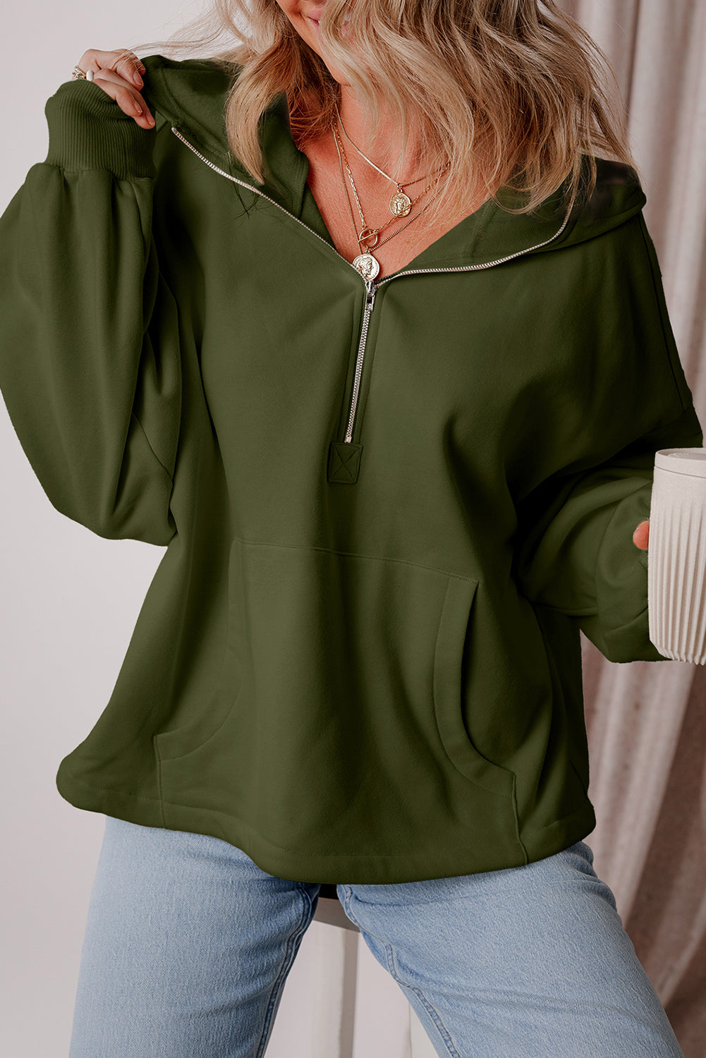 Moss Green Fleece Lined Half Zipper Kangaroo Pockets Loose Hoodie Sweatshirts & Hoodies JT's Designer Fashion