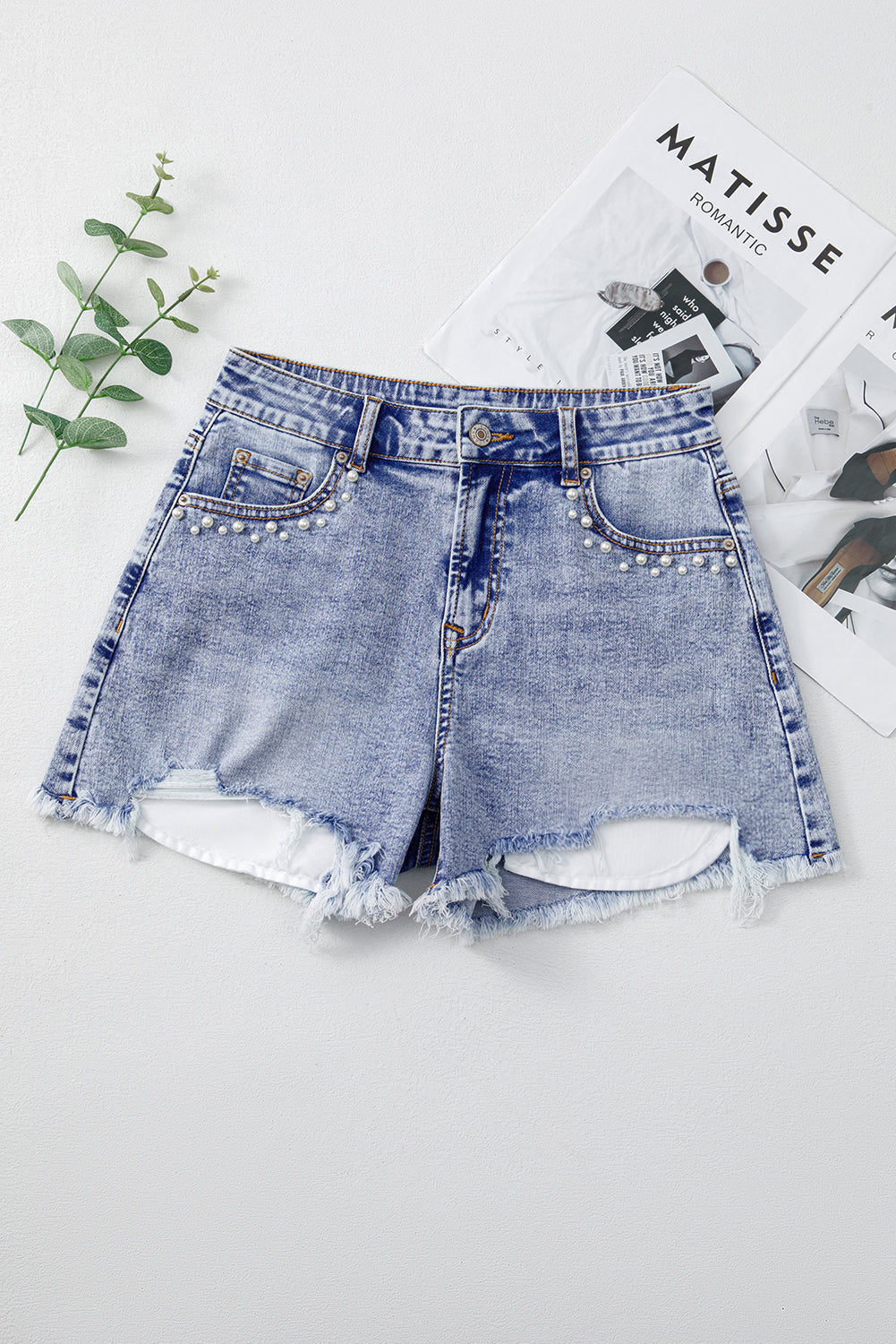 Beau Blue Pearl Studded Pockets Raw Hem Denim Shorts Denim Shorts JT's Designer Fashion