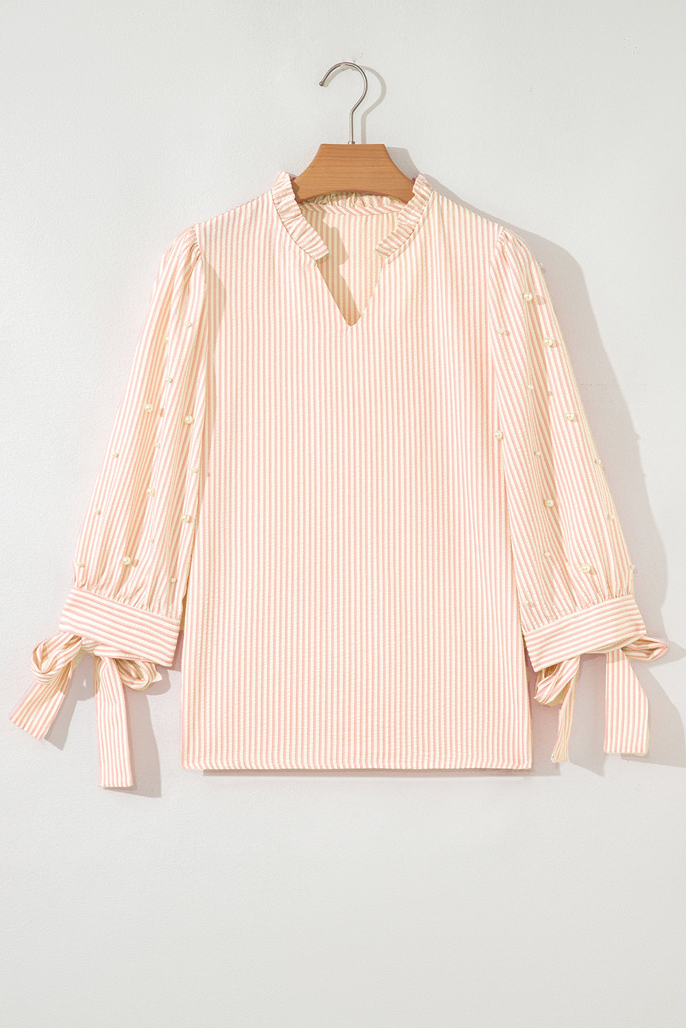 Pink Stripe Bow Knot Cuff Pearl Embellished Puff Sleeve V Neck Blouse Blouses & Shirts JT's Designer Fashion