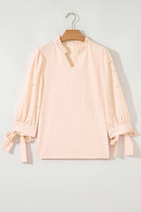 Pink Stripe Bow Knot Cuff Pearl Embellished Puff Sleeve V Neck Blouse Blouses & Shirts JT's Designer Fashion
