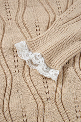 Smoke Gray Pearl Beaded Pointelle Knit V Neck Lace Patchwork Sleeve Sweater Sweaters JT's Designer Fashion
