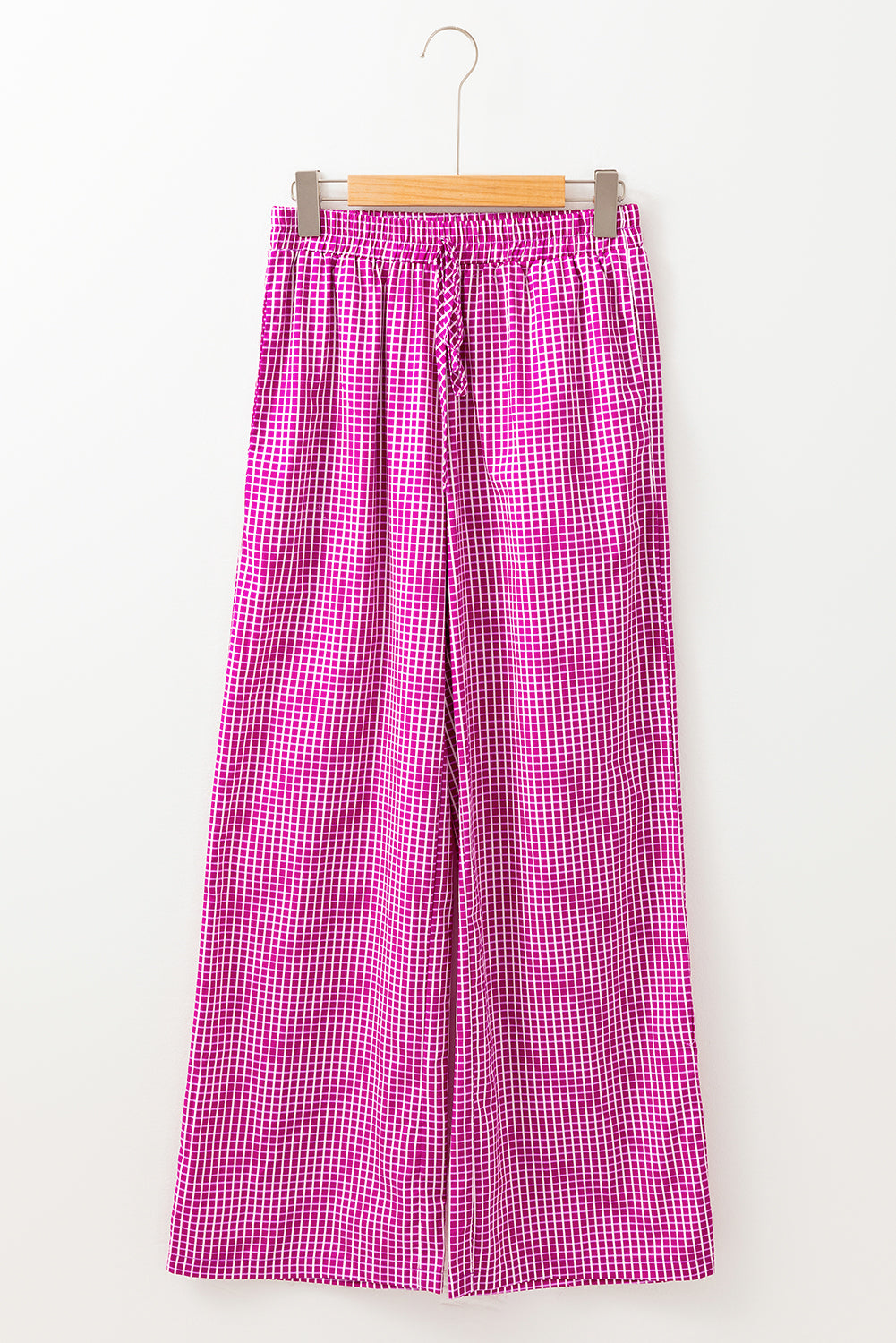 Pink Plaid Print Drawstring High Waist Wide Leg Casual Pants Pants & Culotte JT's Designer Fashion