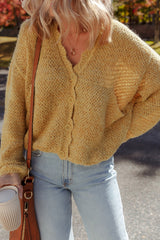 Light French Beige Lantern Sleeve Scallop V Neck Buttoned Front Cardigan Cardigans JT's Designer Fashion