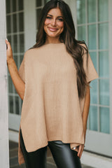 Apricot Short Sleeve Side Slit Oversized Sweater Sweaters & Cardigans JT's Designer Fashion