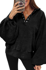 Black Solid Snap Buttons Collared Balloon Sleeve Oversized Sweatshirt Sweatshirts & Hoodies JT's Designer Fashion