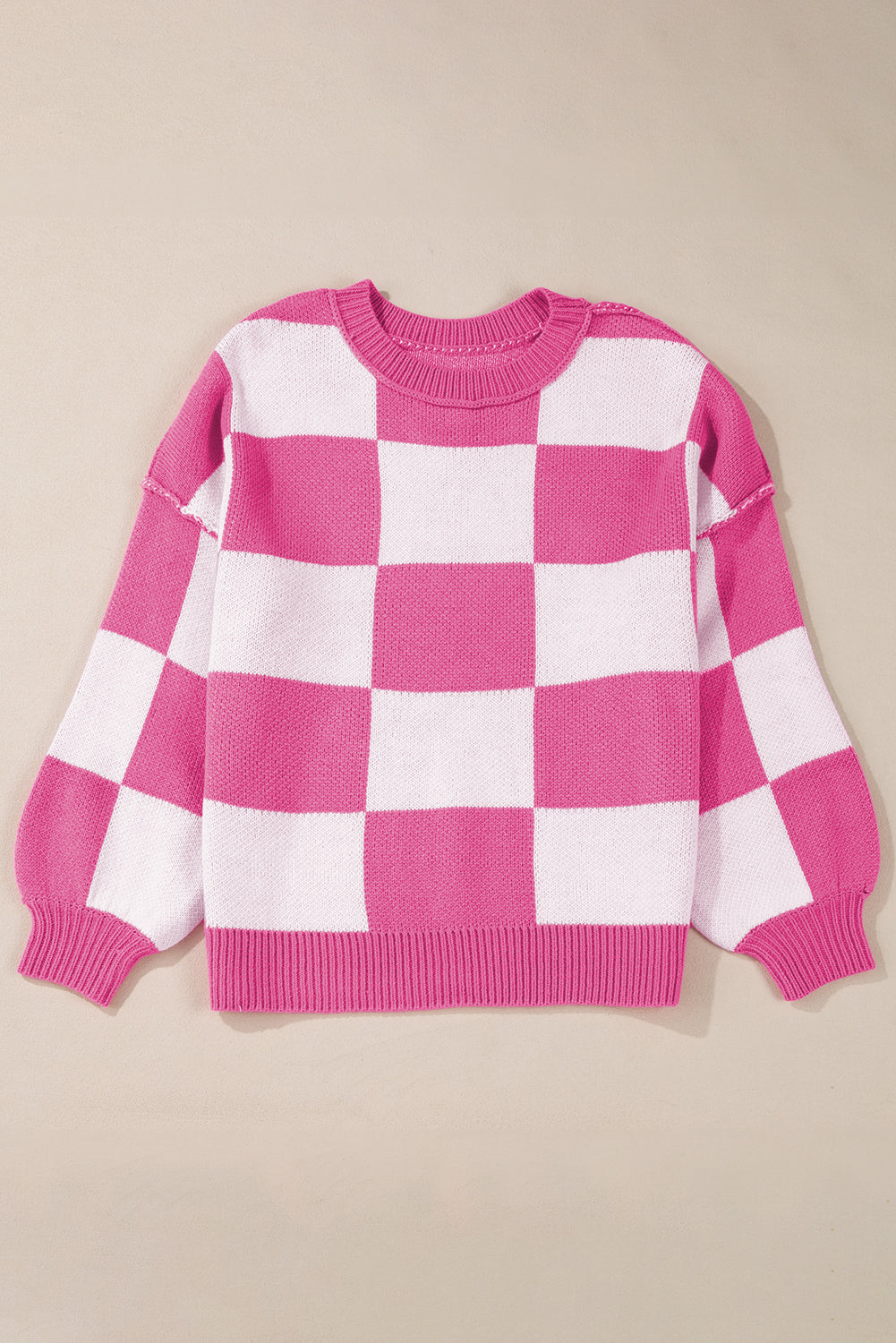 Rose Checkered Bishop Sleeve Sweater Sweaters JT's Designer Fashion