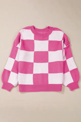 Rose Checkered Bishop Sleeve Sweater Sweaters JT's Designer Fashion