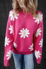 Bright Pink Daisy Flower Crew Neck Long Sleeve Sweater Sweaters JT's Designer Fashion