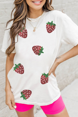 White Sequin Strawberry Patched Crew Neck T Shirt Graphic Tees JT's Designer Fashion