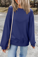 Navy Blue Plain Drop Shoulder Crewneck Pullover Sweatshirt Sweatshirts & Hoodies JT's Designer Fashion