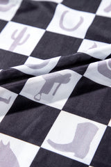 Black Checkerboard Western Elements Printed Mesh Long Sleeve Top Long Sleeve Tops JT's Designer Fashion