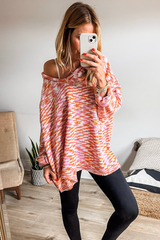 Orange Vibrant Abstract Print Drop Shoulder V Neck Tunic Oversized Sweater Sweaters JT's Designer Fashion