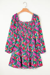 White Plus Size Floral Frilled Square Neck Shirred Long Sleeve Dress Plus Size Mini Dresses JT's Designer Fashion
