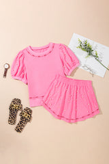 Pink Contrast Bow Trim Pearl Puff Sleeve Blouse and Skort 2pcs Set Short Sets JT's Designer Fashion