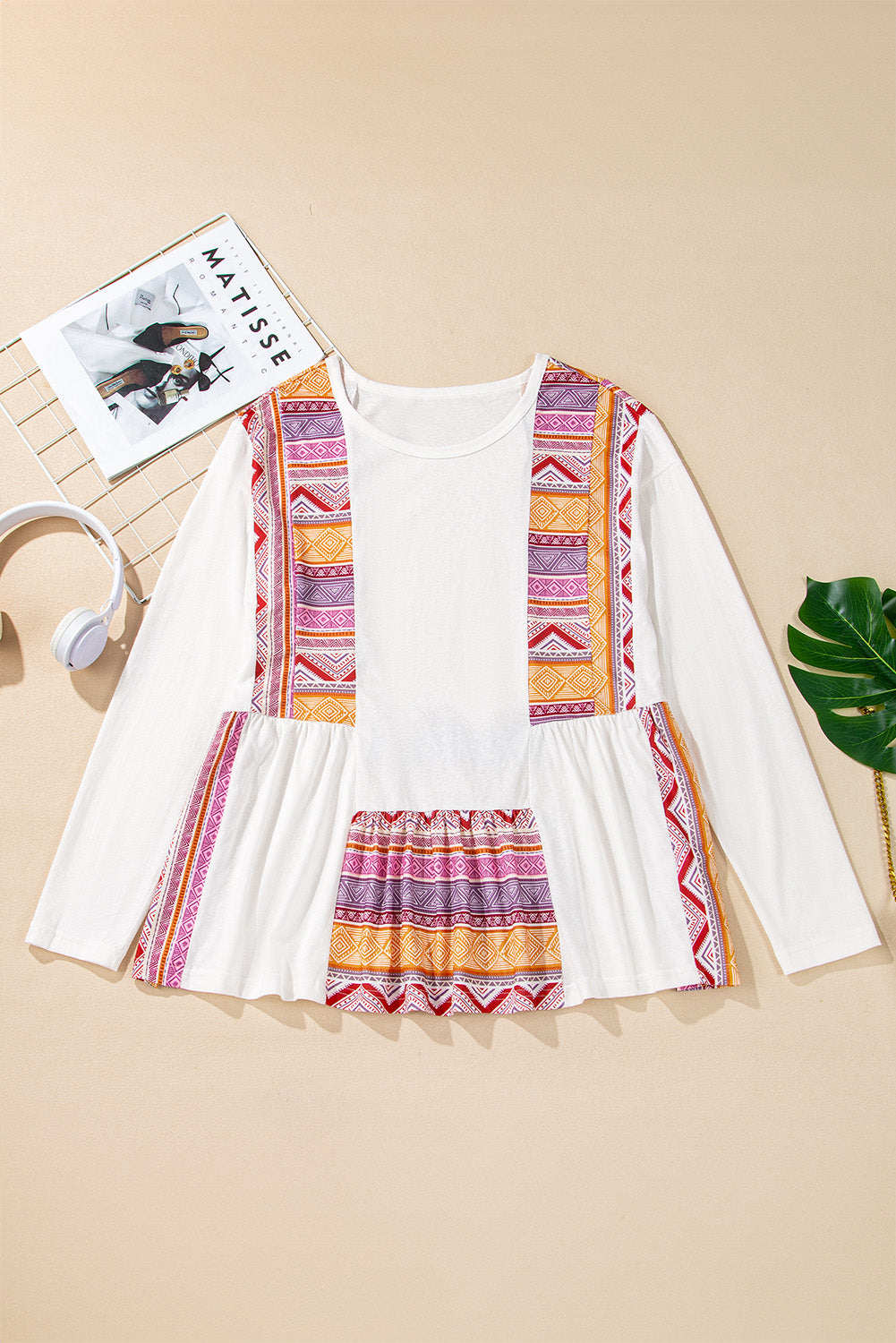 White Western Aztec Print Patchwork Ruffled Tunic Long Sleeve Babydoll Top Long Sleeve Tops JT's Designer Fashion