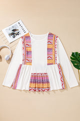 White Western Aztec Print Patchwork Ruffled Tunic Long Sleeve Babydoll Top Long Sleeve Tops JT's Designer Fashion
