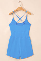 Blue Crossed Spaghetti Straps Drawstring Waist Sporty Romper Bottoms JT's Designer Fashion