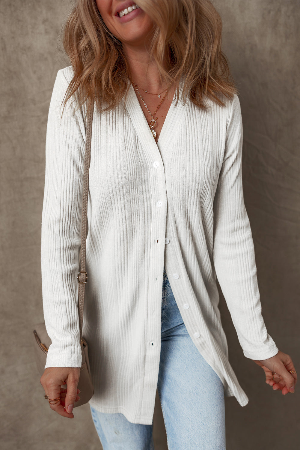 White Solid Color Ribbed Button up Tunic Cardigan Cardigans JT's Designer Fashion