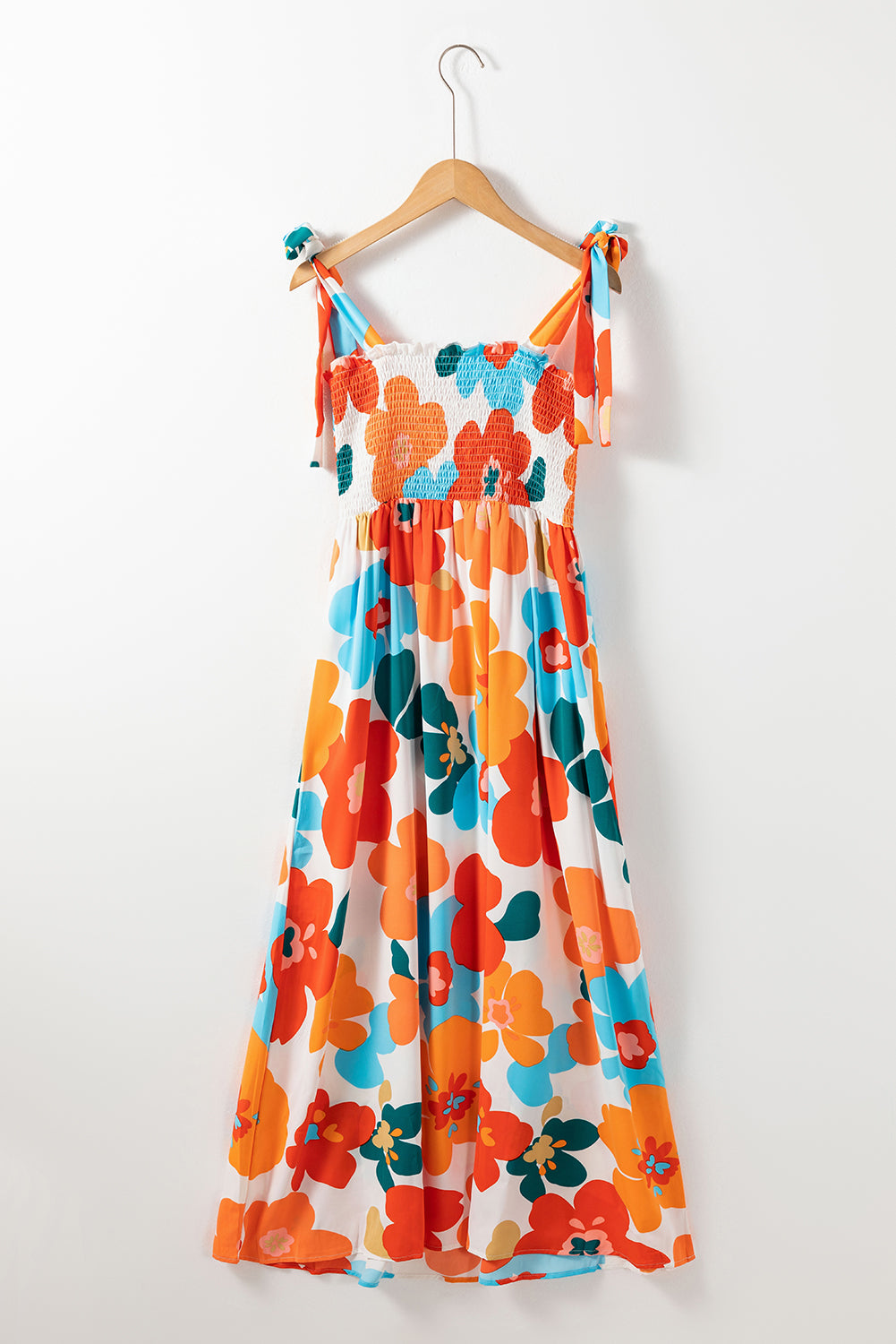 Orange Floral Self Tied Straps Smocked Bust Maxi Dress Floral Dresses JT's Designer Fashion