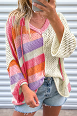 Pink Oversized Colorblock V Neck Hooded Sweater Pink 100%Acrylic Sweaters JT's Designer Fashion