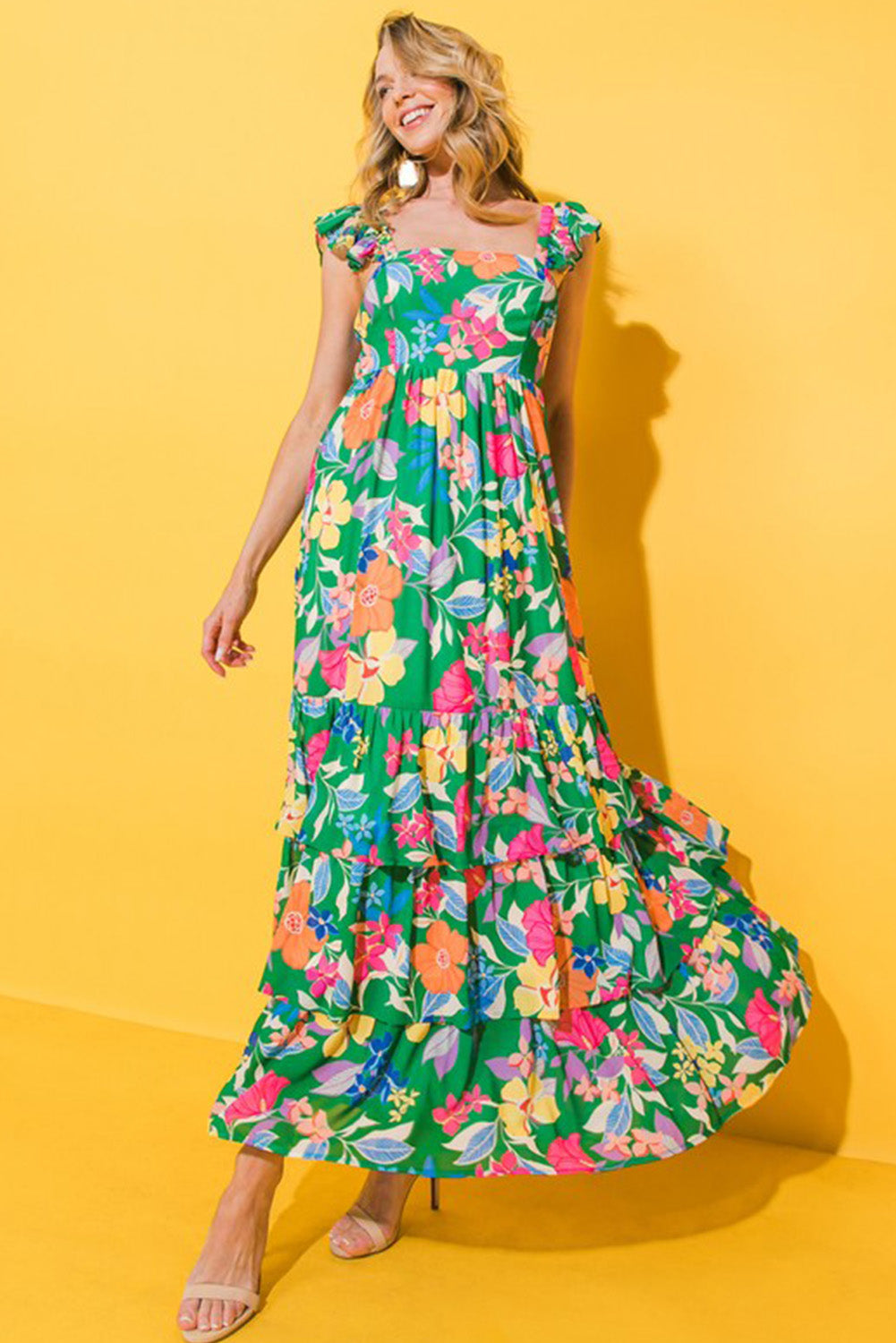 Green Floral Print Sleeveless Ruffle Tiered Maxi Dress Floral Dresses JT's Designer Fashion