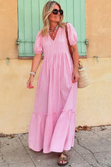 Pink Stripe V Neck Puff Short Sleeve Long Dress Maxi Dresses JT's Designer Fashion
