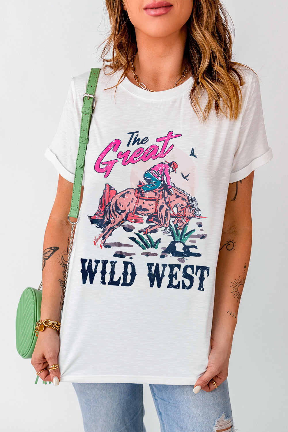 White The Great WILD WEST Rodeo Graphic Crew Neck T Shirt Graphic Tees JT's Designer Fashion