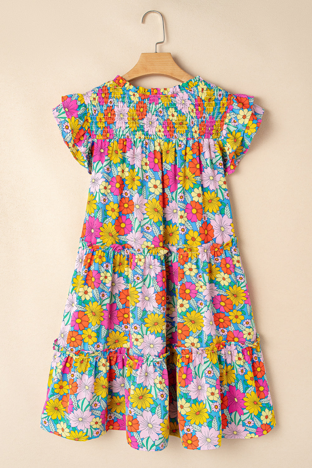 Sky Blue Floral Print Smocked Notch V Neck Flutter Sleeve Mini Dress Floral Dresses JT's Designer Fashion