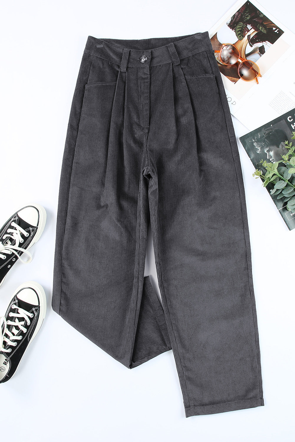 Gray Corduroy High Waist Straight Leg Pants Pants & Culotte JT's Designer Fashion