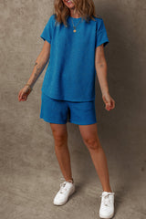 Bluing Solid Textured Crew Neck Short Set Short Sets JT's Designer Fashion