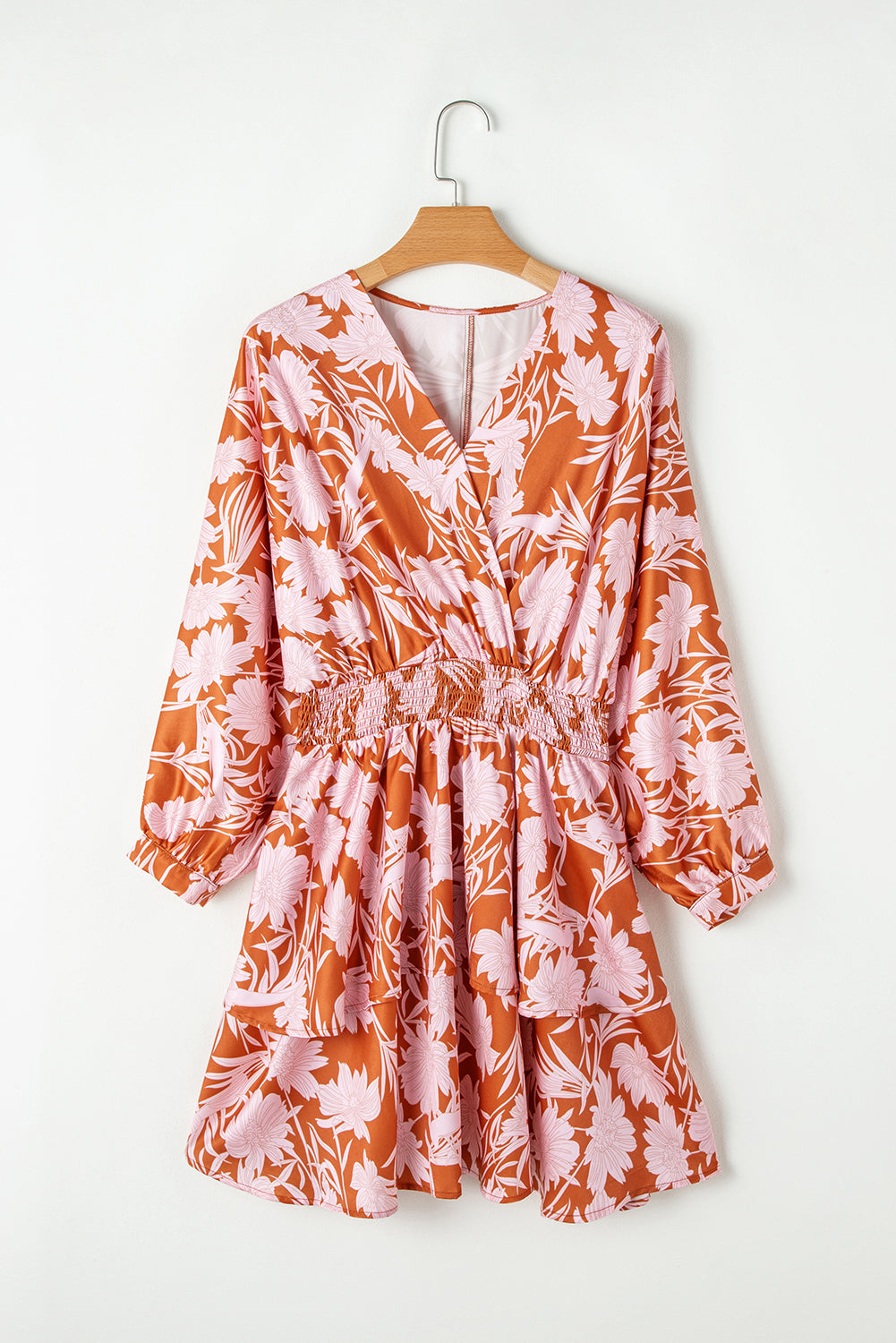 Brown Floral Puff Sleeve Smocked Waist Layered Dress Floral Dresses JT's Designer Fashion