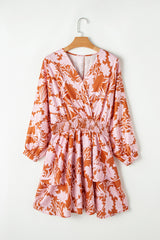 Brown Floral Puff Sleeve Smocked Waist Layered Dress Floral Dresses JT's Designer Fashion