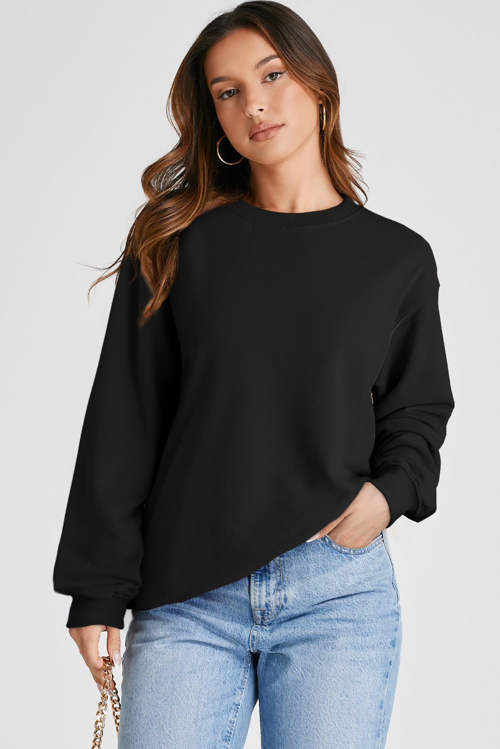Black Plain Drop Shoulder Crewneck Pullover Sweatshirt Sweatshirts & Hoodies JT's Designer Fashion