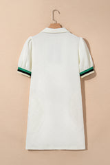 White Textured Jacquard Colorblock Edge Puff Sleeve Quarter Zip Mini Dress Dresses JT's Designer Fashion