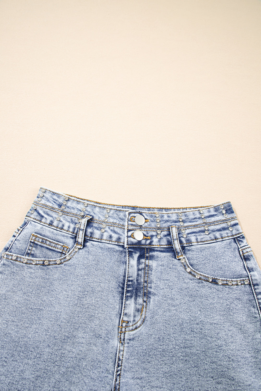 Beau Blue Rhinestone Light Wash Raw Hem High Waist Denim Shorts Denim Shorts JT's Designer Fashion