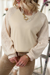 Parchment Eyelet Knit Patchwork Raglan Sleeve Pullover Top Sweatshirts & Hoodies JT's Designer Fashion