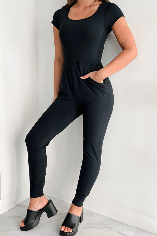 Black Short Sleeve Pocket Jogger Bottom Athleisure Jumpsuit Bottoms JT's Designer Fashion