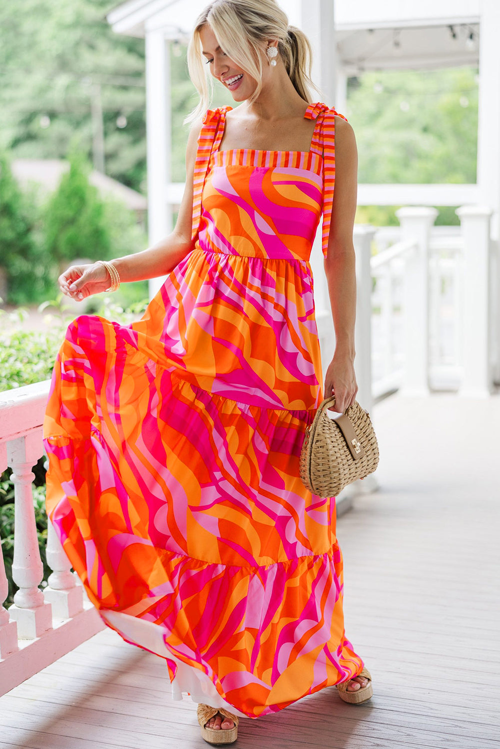 Red Abstract Print Knotted Shoulder High Waist Long Dress Maxi Dresses JT's Designer Fashion