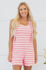 Pink Stripe Knotted Strap Patched Pocket Romper Jumpsuits & Rompers JT's Designer Fashion